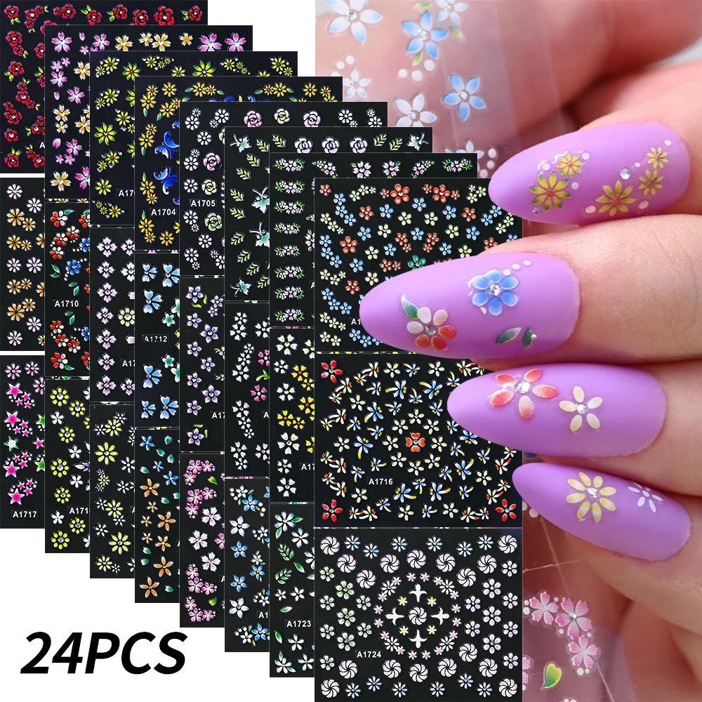 30/24Pcs Kawaii Small Flower 3D Nail Sticker Colorful Floral Petals Sakura Nail Art Decals Adhesive Sliders For Nail Decoration