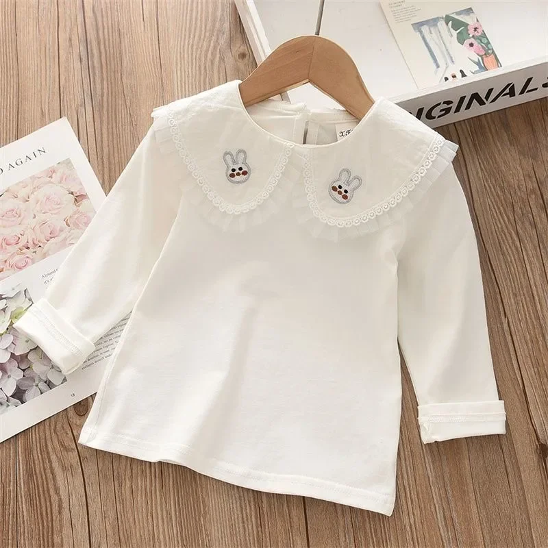 Girl's Long Sleeve Spring Autumn New Style White Collared Base Layer Shirt Kids Toddler Cute Cartoon Print Top