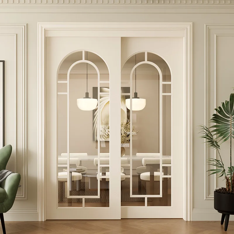 

Custom French retro solid wood paint sliding door lattice white balcony kitchen study hanging rail sliding door