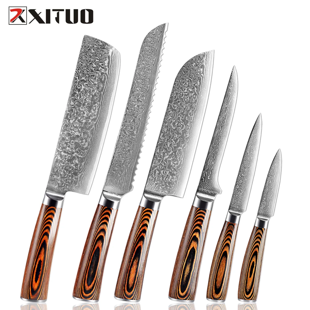 XITUO Kitchen Knives Set 1-6PCS,Colored Wooden Handle Damascus Steel Sharp for Bread,Santoku,Cleaver,Paring,Boning,Cooking Knife