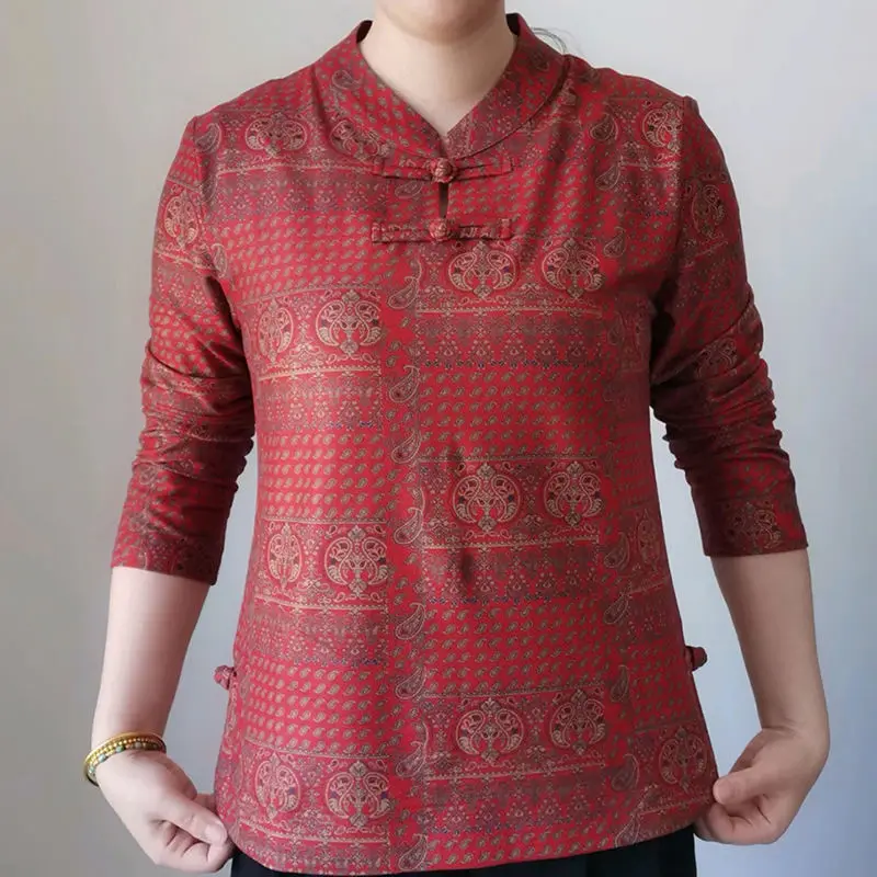 New Autumn and Winter Retro Top Mom's Outfit Belly Covering Long Sleeved Chinese Style Western-style Broad Wife's Button Up Shir