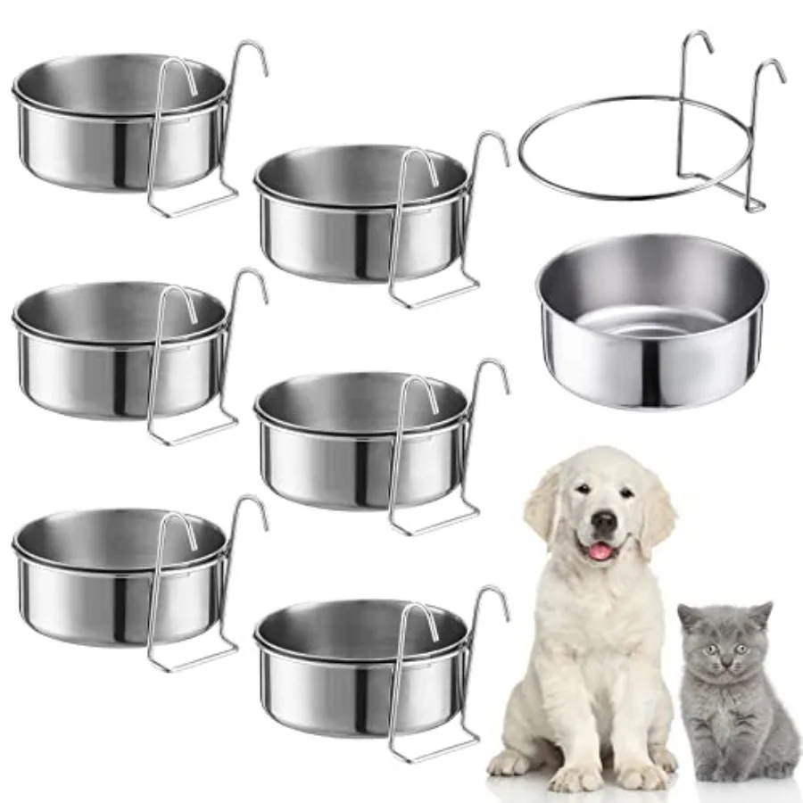 

6 Pieces Stainless Steel Hanging Water Bowls with Holder Detached Anti Spill Pet Metal Bowl Cage Kennel Crate Food Bowl