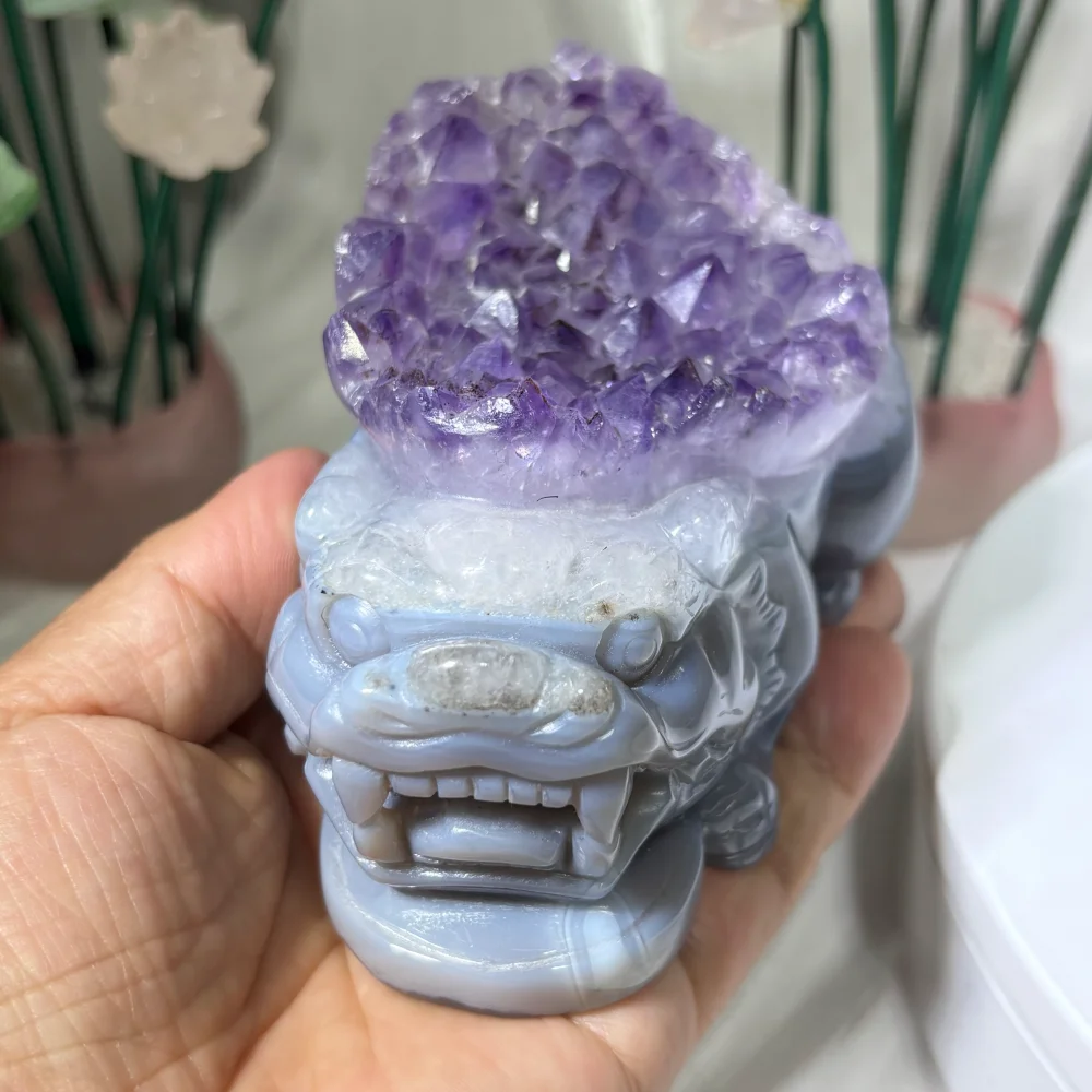 600-700g Natural Amethyst Agate Cluster Pixiu Carving Lovely Home Decoration Reiki Healing Fengshui Crystal Statue Gift 1PCS