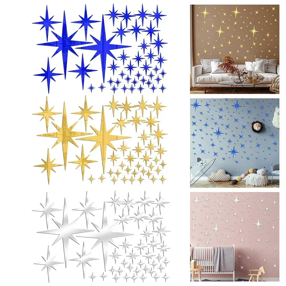 42Pcs/Set Christmas INS-Golden Silver Blue Star Acrylic Mirror Wall Stickers Art Home Decorations Wall Decals For Home Decor