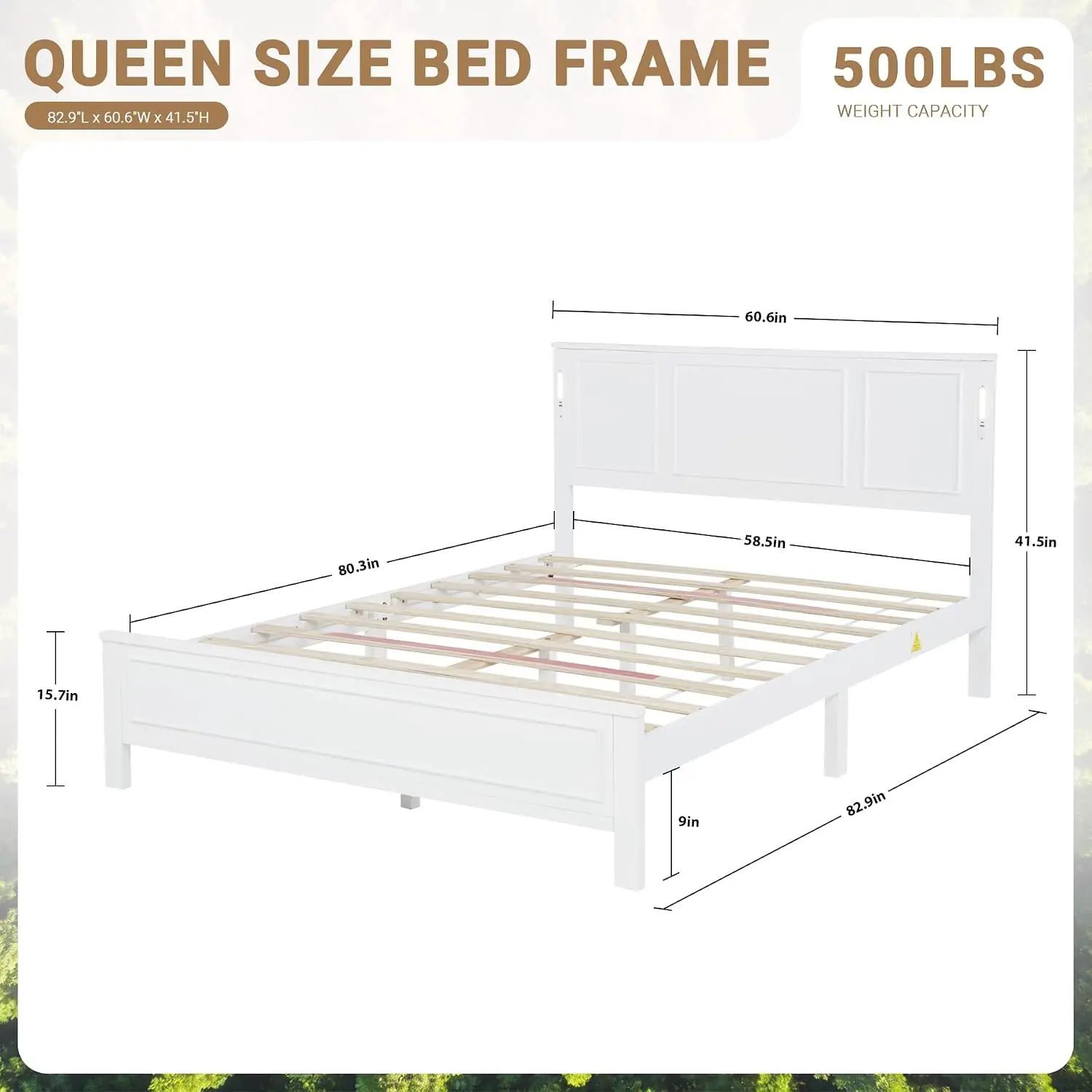 Queen Bed Frame with Headboard, Queen Size Pinewood Platform Bed Frame with LED Lights and USB Charging Station,, Customized - view 2