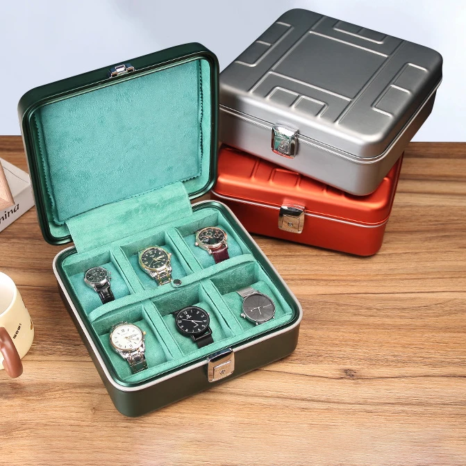 High-End Portable Aluminum Alloy Watch Storage Case Protective Shockproof Organizer Box Suede Velvet Cover Watch Packing Display