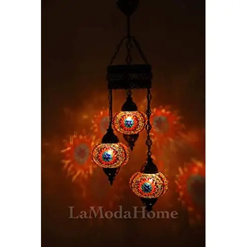 LaModaHome 35 + Unique Colors, 2020 Customizable Chandelier 3 Globes + Free 3 Bulbs, stunning Mosaic Turkish Lamp Moroccan Light