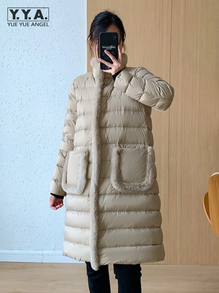 

Stand Collar Warm Women Down Coat Fashion Single Breasted Spliced Rabbit Fur Winter New Casual Overcoat Middle Length Jacket