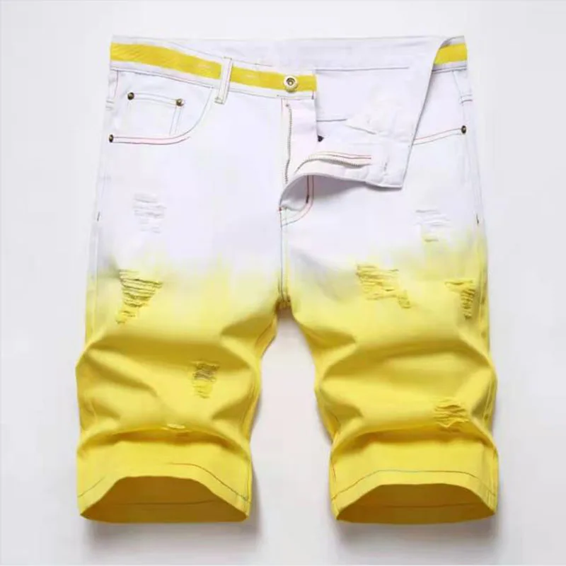 2022 Summer New Fashion Mens Colored Ripped Short Jeans Brand Bermuda Cotton Casual Shorts Vaqueros Hombre Denim Shorts 28-42