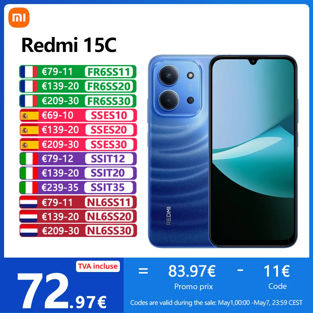 Xiaomi Redmi 15C, écran 6,9", 120 Hz, MediaTek Helio G81-Ultra, batterie 6000mAh, appareil photo 50MP, IP64
