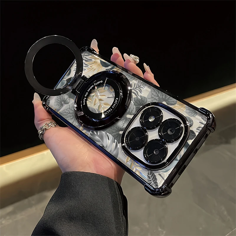 Plating Holder Stand Phone Case For OPPO Reamle C35 C33 C31 C30 C20 C20A C11 C25Y C21Y Shockproof Clear Leaves Pattern Cover