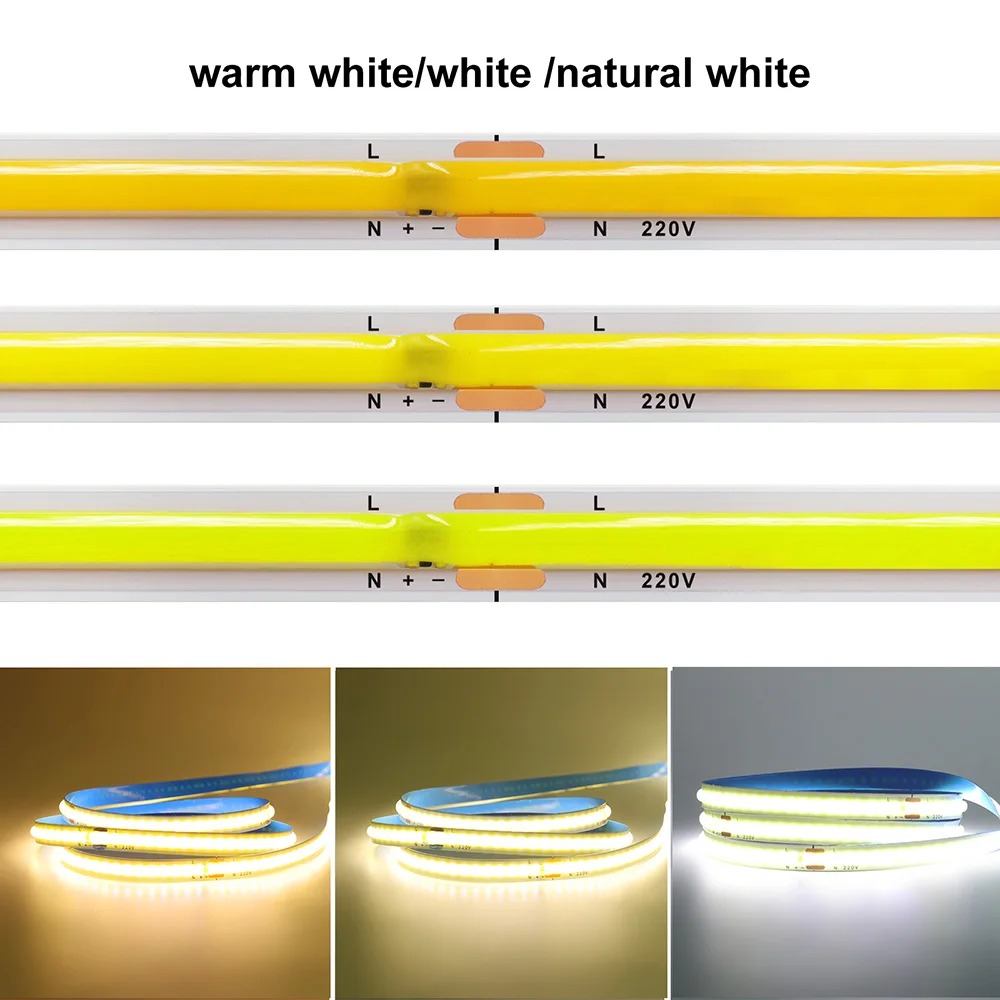 5m 10m 20m 50m cob led luz de tira 220v lâmpada de fita flexível com chip ic alto brilho 240 leds iluminação linear ra90 branco natural quente