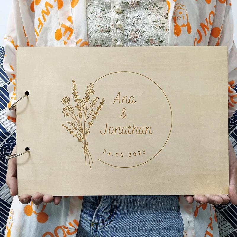 Personalized Name And Date Calligraphy Guest Book Laser Engraved Wedding Guest Book,Rustic Floral Wooden Guestbook,Sign-in Book