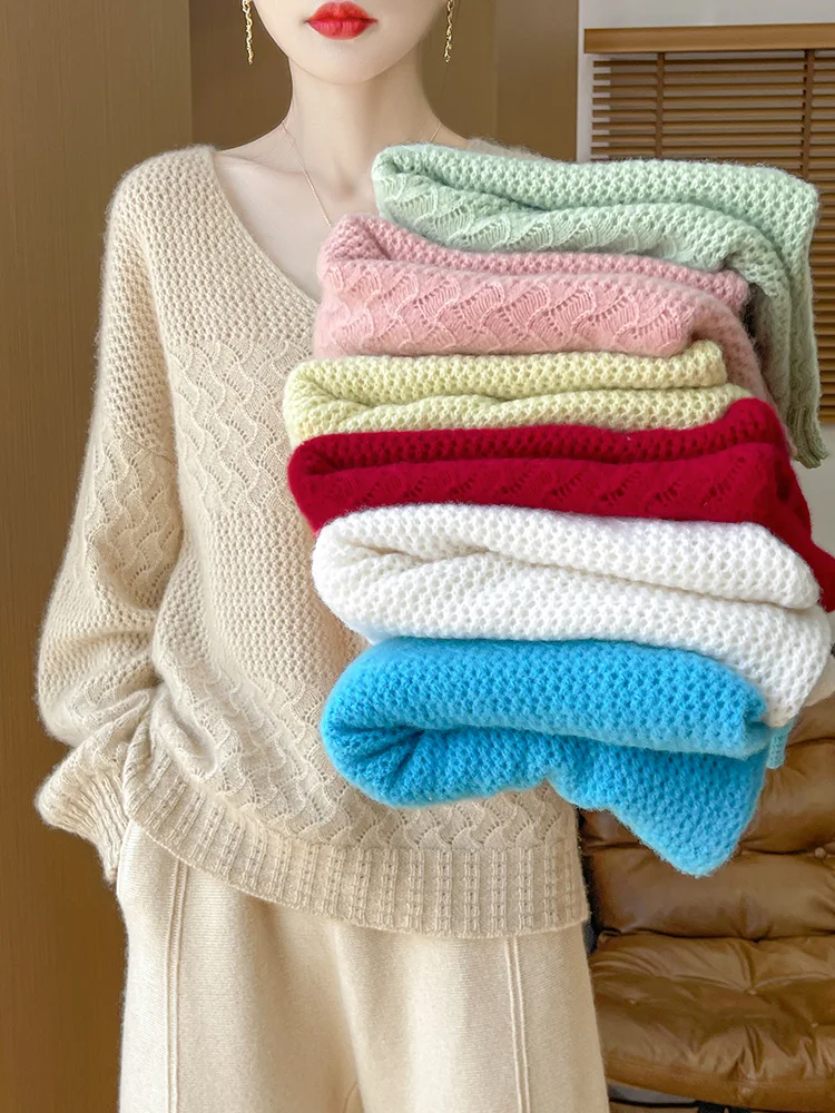 

Light Luxury 100% Merino Wool Women Sweater Spring Summer V-Neck Knitted Pullover Hollow Out Long Sleeve Clothing Top Outerwear