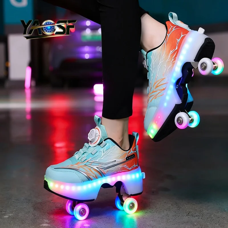 Upgraded version of children's and teenagers' roller skates with illuminated wheels and one click retractable roller skates