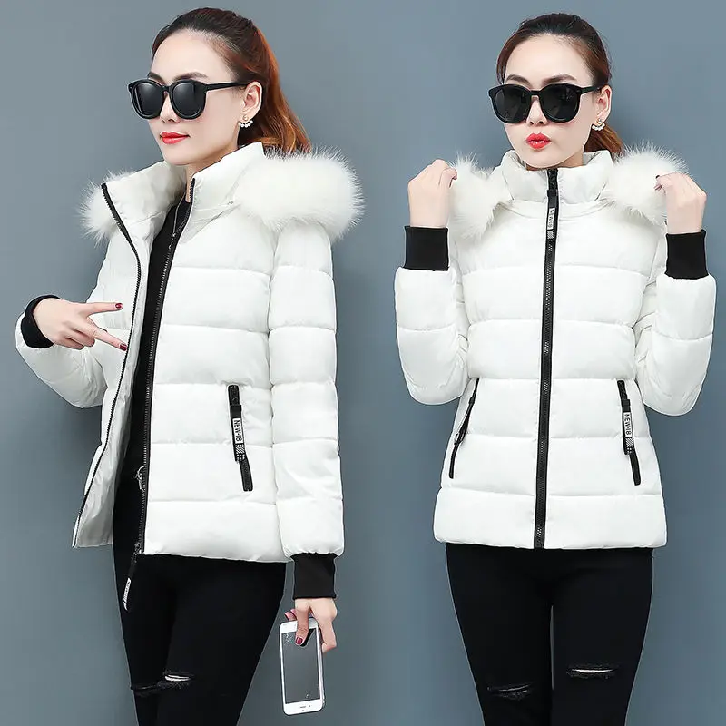 2022 New Winter Parkas Women Jacket Fur Collar Hooded Basic Coat Female Jacket Warm Zipper Short Cotton Padded Outerwear Coat