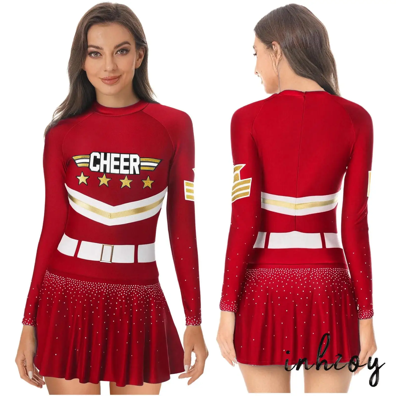 

Halloween Women Fashion Letter Star Stripe Printed Cheer-leading Dress Glittery Rhinestone Embellished Cosplay Outfit Party