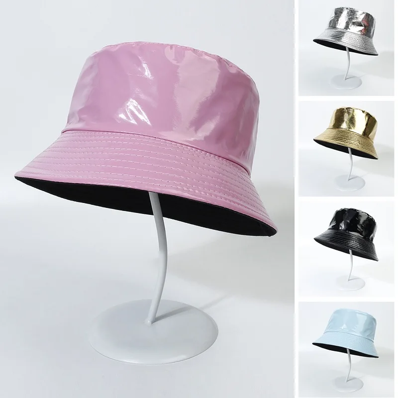 Faux Leather Reversible Bucket Hat Fashion Waterproof Fisherman Hats For Men Women Gold Silver Black Fishing Cap Sun Hat