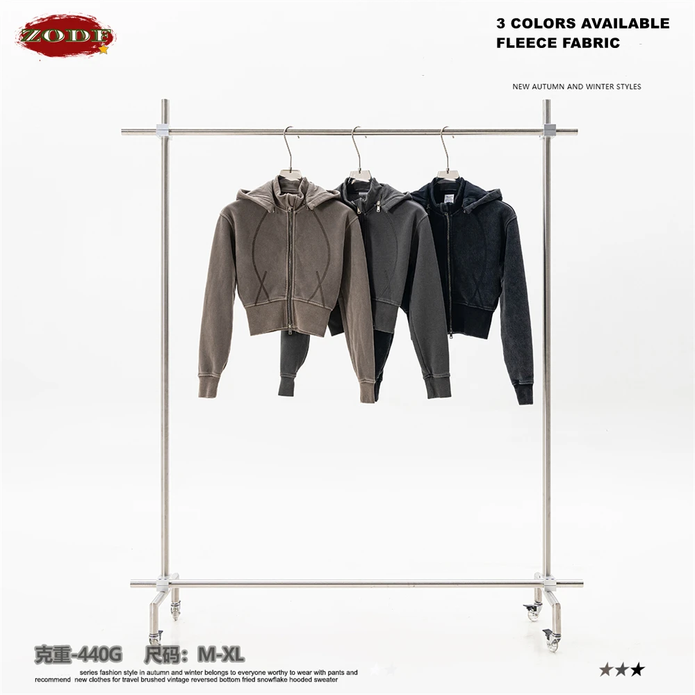 

ZODF Vintage 2025 Winter Batik Washed Crop Hoodies Female Girls Remove Hood Heavy Weight Sport 400gsm Hooded Coat HY1078