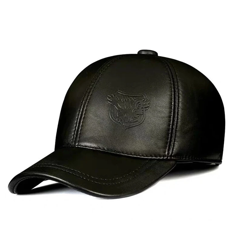 New 2024 Winter Man Genuine Leather Baseball Caps Male Casual Cowhide Belt Ear Warm 56-60 Adjustable Sprot Flight Hats