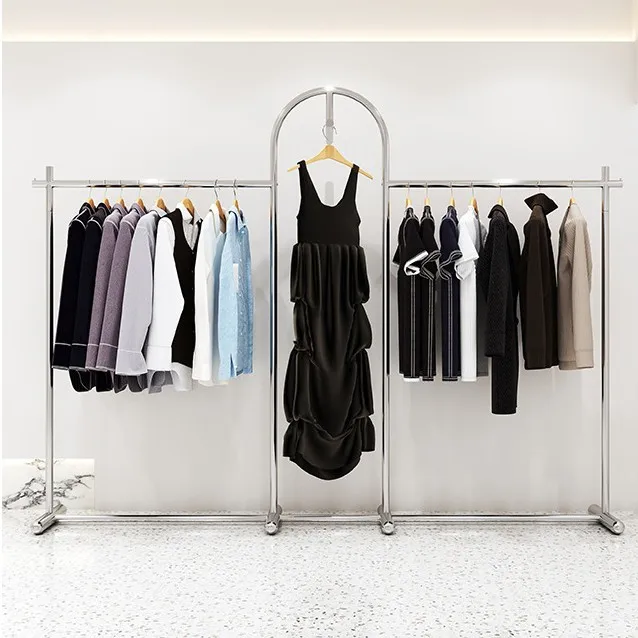 Light luxury stainless steel clothing display rack floor-standing hanger men's and women's clothing stores display hanger