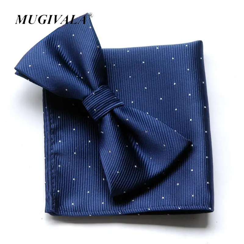 

Gentleman's Adjustable Leisure Bowtie Hanky Set Cravat Handkerchief WIth Dots Navy Blue Butterfly Pocket Square