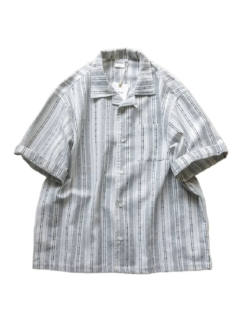 Retro Amikaji Cuban Collar Hawaiian Shirt Loose Striped Cotton Linen Short Sleeved Shirt