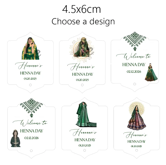 Personalized Henna Day Hang Tag Night Party Custom Arabic Muslim Hand Design Print Bridal Shower Wedding Decoration Gift DIY