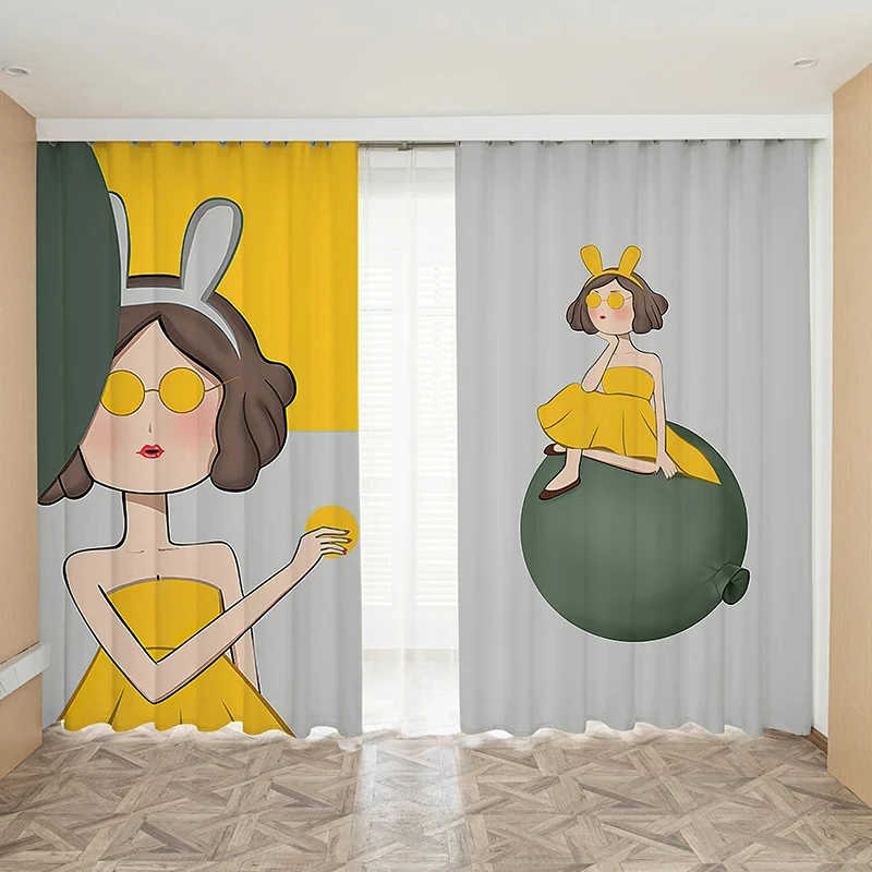 

Nordic Simple Ins Cartoon High Shading Curtain Girls Children's Room Personality Creative Girl Bedroom Blackout Curtain 2 Panels