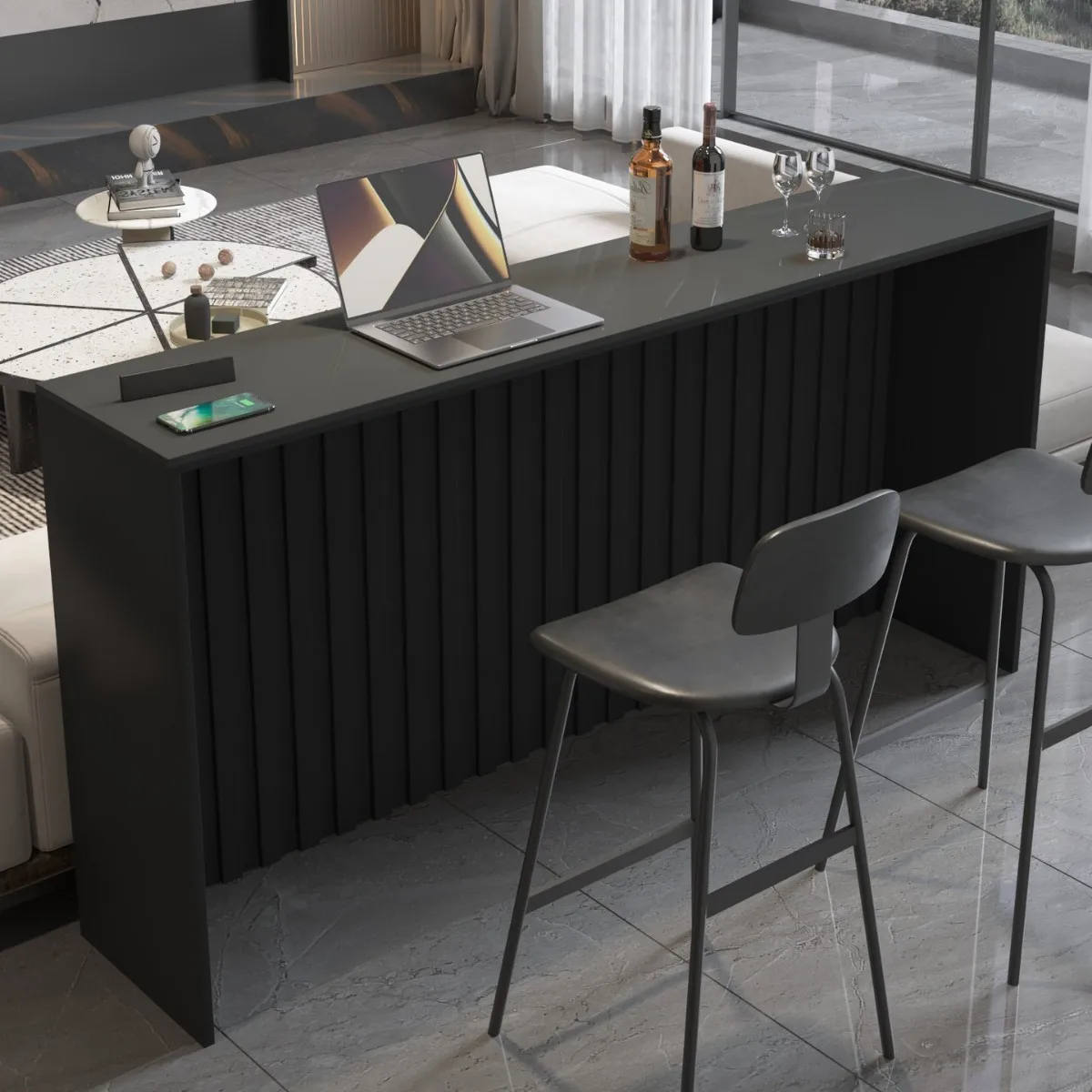 

Nordic rock slab dining table household living room sofa rear window against the wall modern simple high table long table and ch