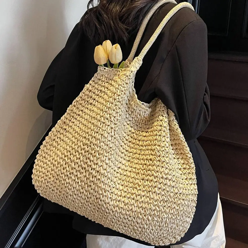 

Hollow Out Straw Shoulder Bag Breathable Casual Summer Beach Bag Large Capacity with Tassel Women Shopping Handbag Vacation