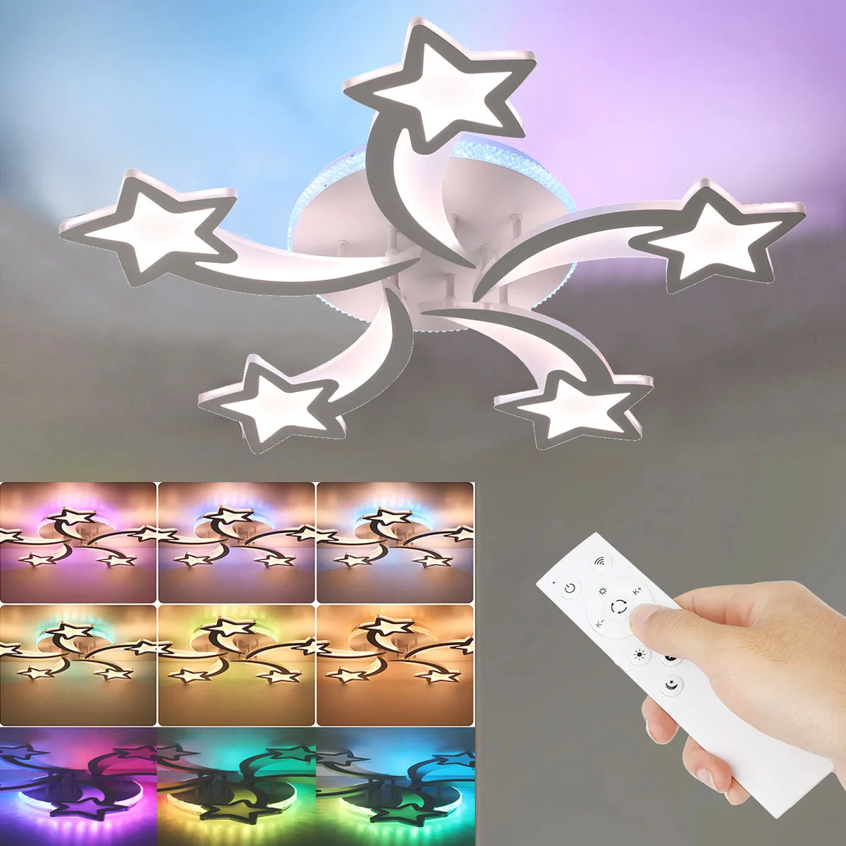 Plafonnier LED 54W avec lampe arrière RVB, plafonnier en forme d'étoile, dimmable avec télécommande