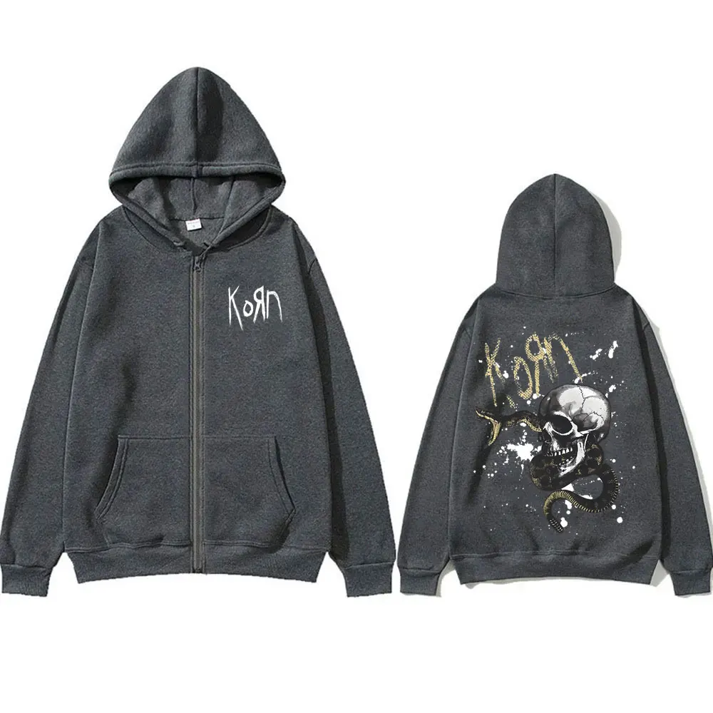 Rock Band Korn Zipper Hoodie Serpent Skeleton Graphic Zip Up Hoodies Men's Vintage Zipper Pullover Male Oversized Zip Up Jacket