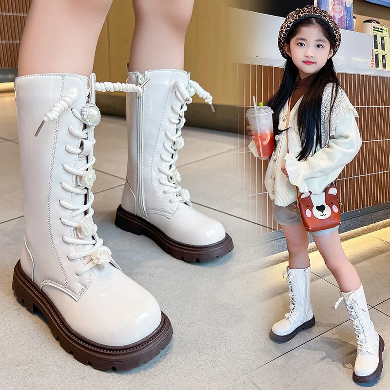 Fashion Children Long Boots for Girls Patent Leather Princess Knight Boots Autumn Winter Flower Versatile Girls Shoes