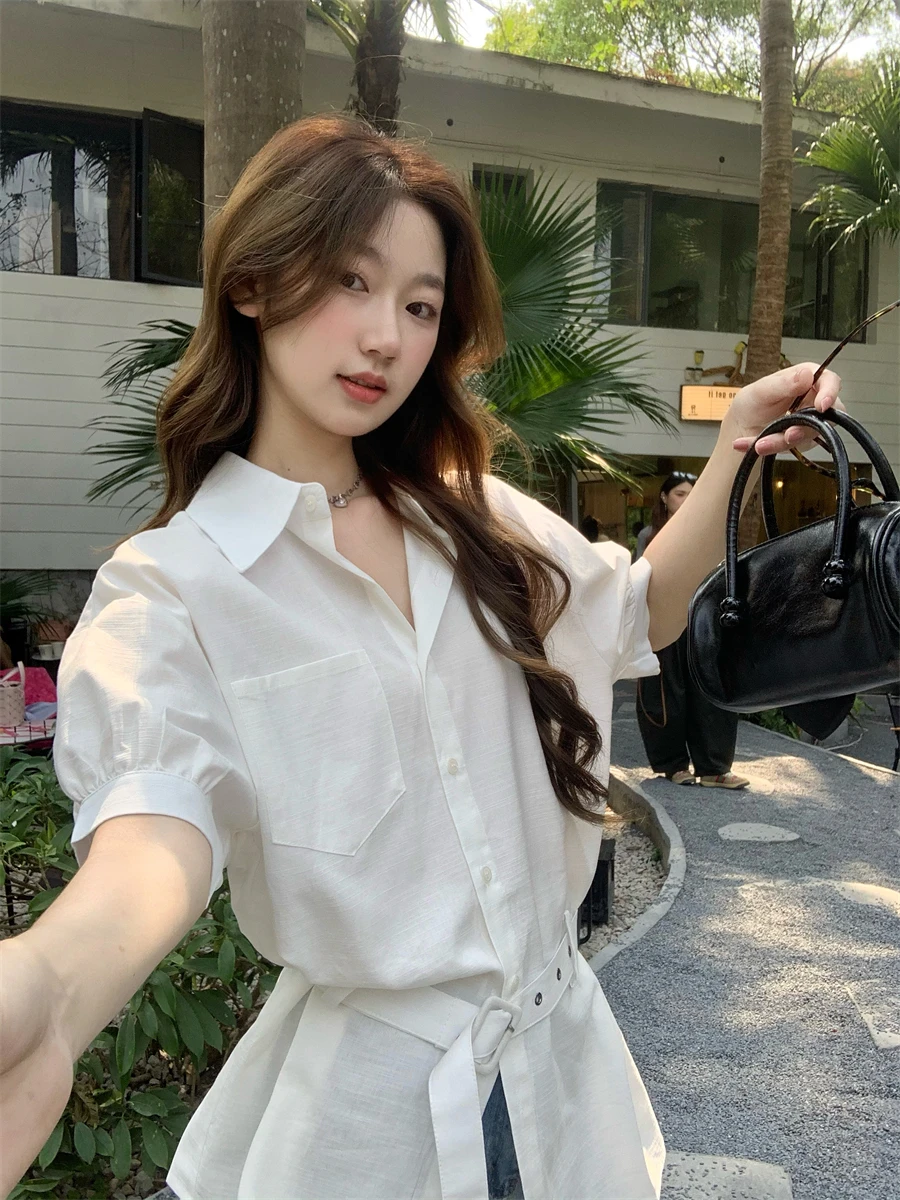 Casual White Long Sve Women's irt Waist Belt Design Autumn Commute irt Medium Length Pure Color  Collar Button Clo...