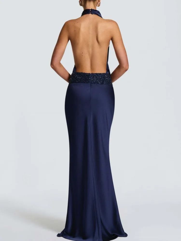 Sexy Sleeveless Solid Party Dress Fashion Sequins Splicing Slim Floor-length Skirt Elegant Halter Backless Hollow Evening Dress