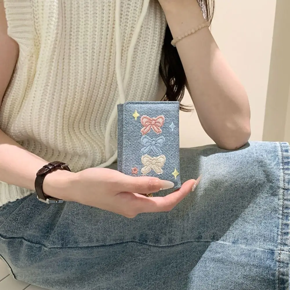 Coin Pouch Portable Embroidered Bow Wallet PU Leather Embroidery Leather Card Holder Fashion Cute Three Fold Wallet Shopping