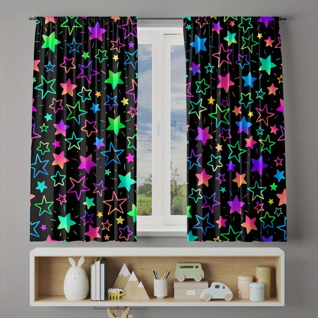 Vibrant Galaxy Star Pattern Curtains Black Background Living Room Home Decor Window Drapes
