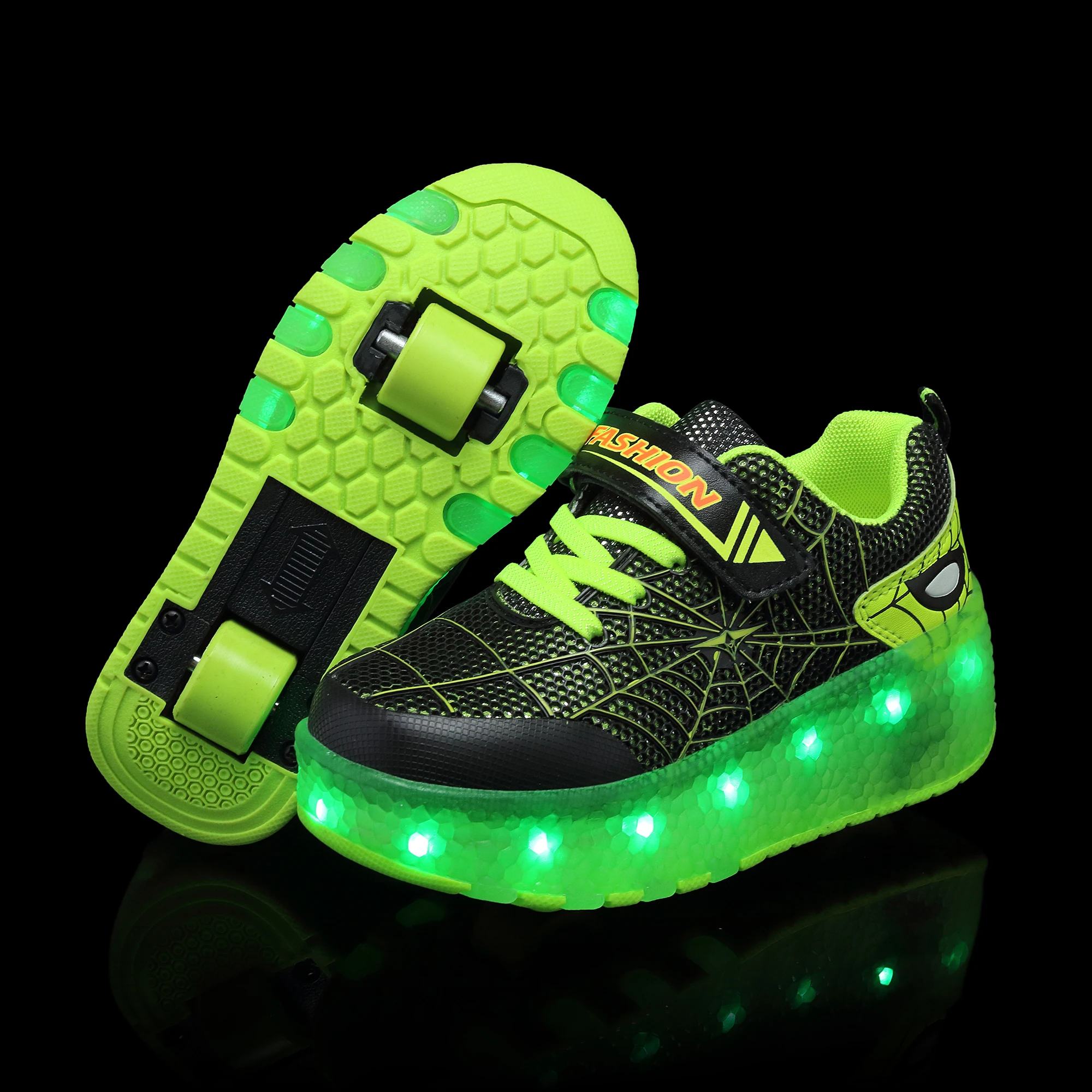 Kid Sneakers Spider Cartoon Mesh Usb Charge Luminous Shoes Outdoor Sport Roller Skates Child Skate Shoes Boys Girls Casual Shoes