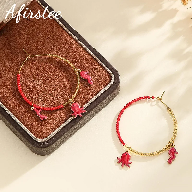 

Afirstee New Colorful Bead Hoop Earrings With Marine Life Small Pendant Stainless Steel Hoops For Women Girls Charming Jewelry