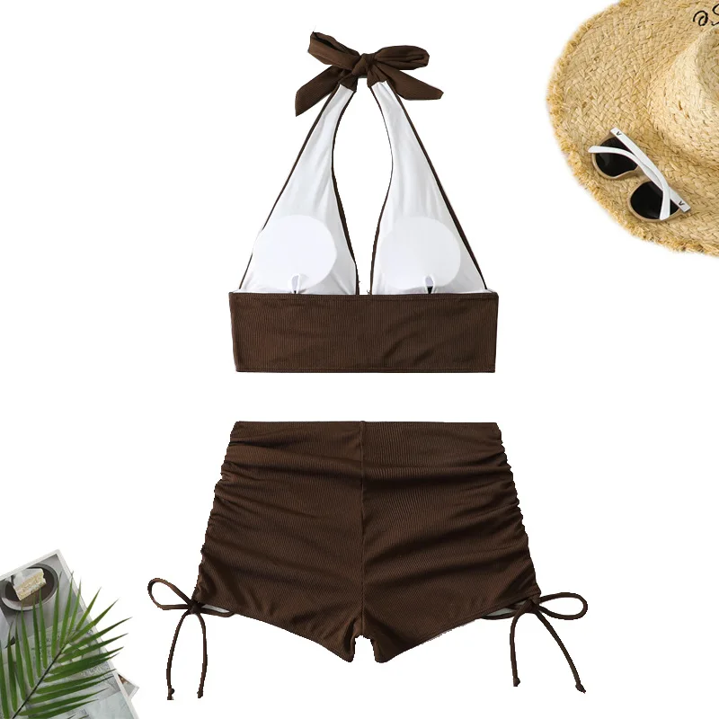 Sexy High Waist Bikini Shorts 2024 Women Swimsuit Two Piece Swimwear Female Bikinis Set Brown Bathing Suits Brazilian Biquini