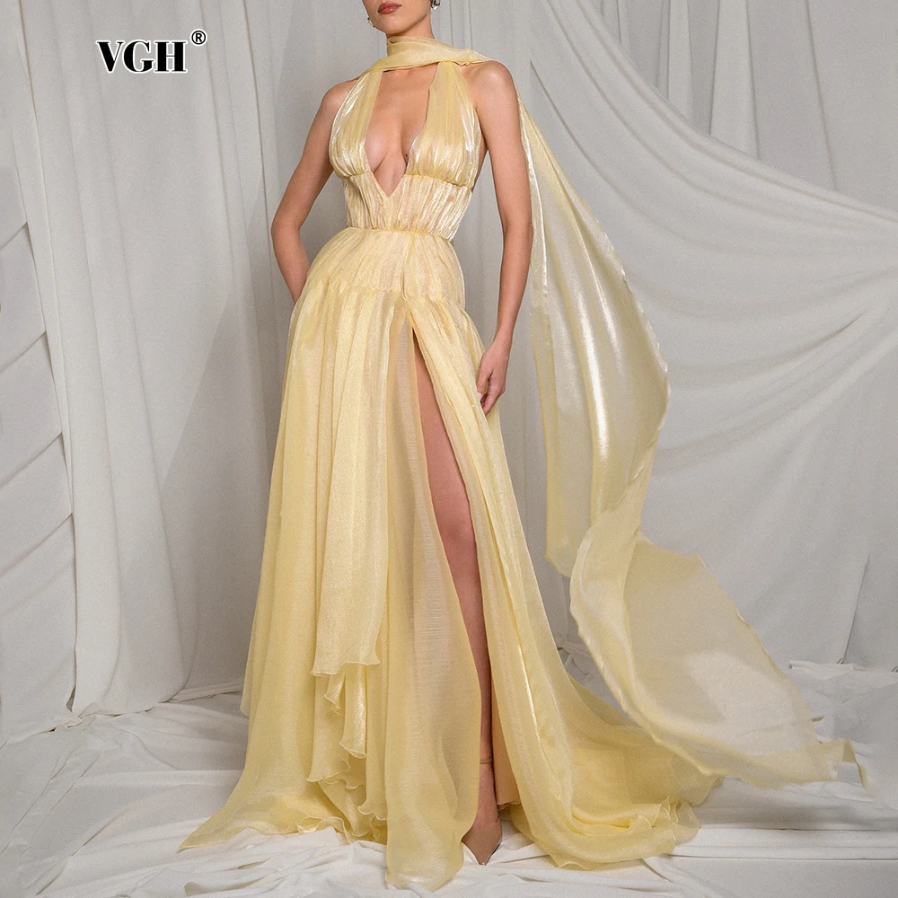 

VGH Sexy Slimming Solid Evening Dresses For Women Deep V Neck Sleeveless High Wiast Temperament Dress Female Fashion Style New