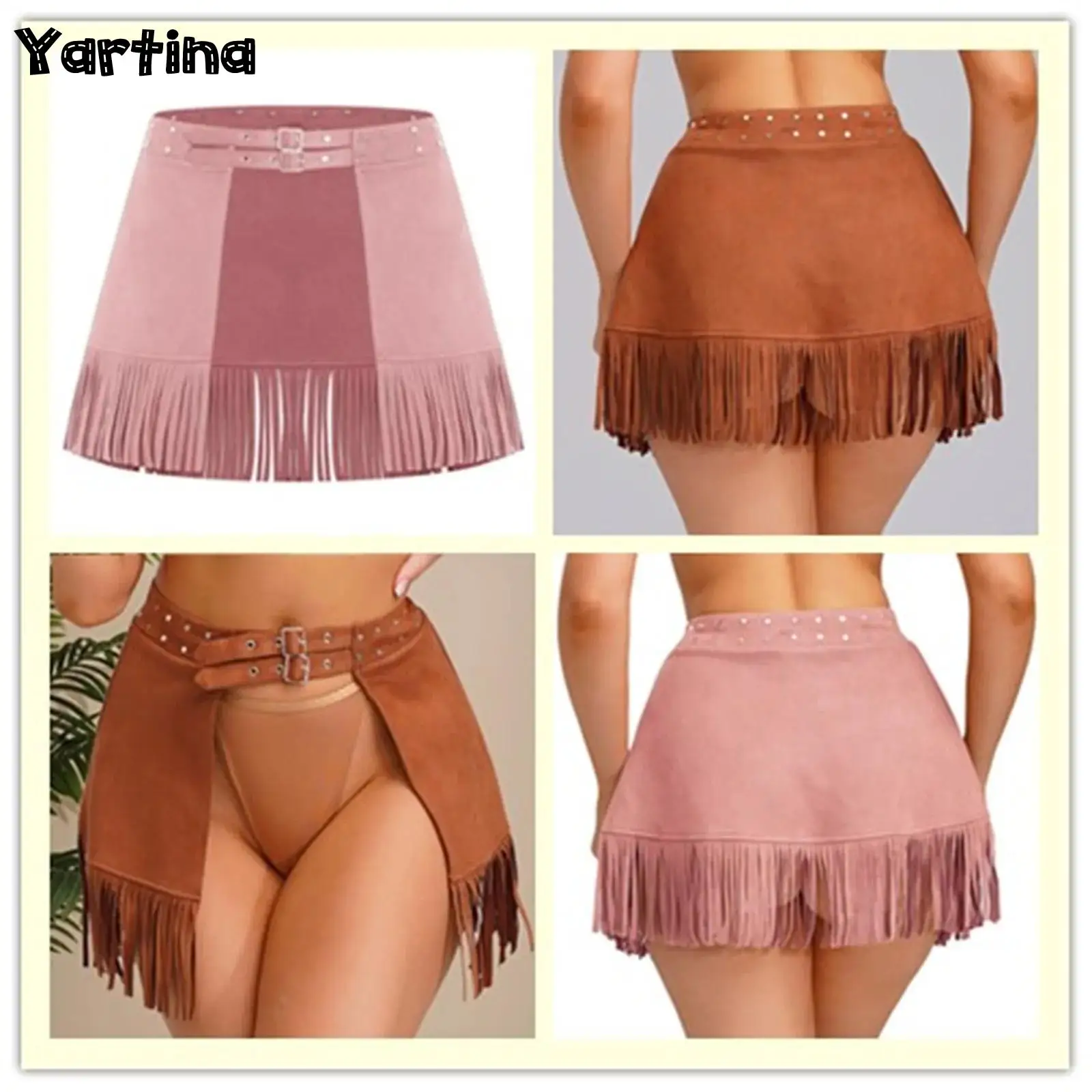 

Womens Western Cowgirl Faux Suede Skirt Retro 70s Disco Fringe Mini Skirt Double Buckles Rivets Front Open Tassel Trim Miniskirt