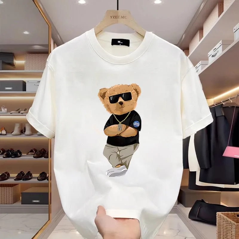 New Summer Fashion Bear Printed Men T-Shirts Beach Breathable Funny Clothing Oversize Casual Cotton Tops Mans Short Sleeve