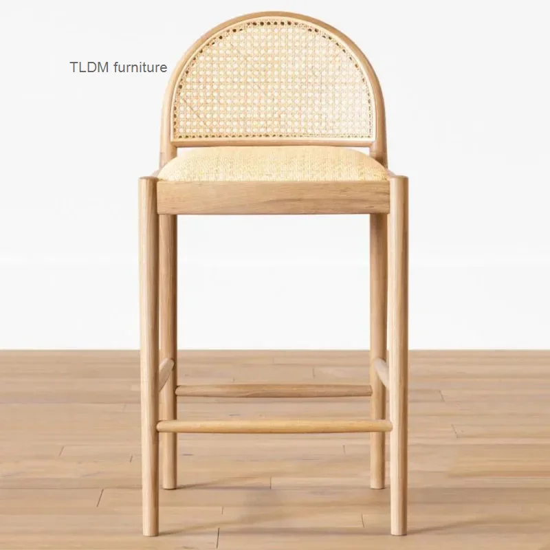 Nordic Woven Rattan Bar Stool Home Luxury Bar Chair Casual Dining Chairs Modern Minimalist Ash Wood High Stool Reception Chair