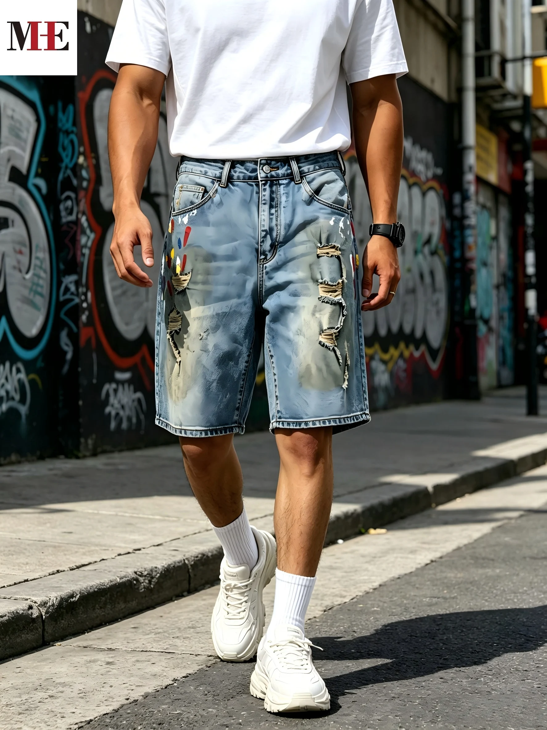 

HME Men's Washed Denim Pants, Blue Knee-Length Shorts with Rips & Vintage Faded Effect