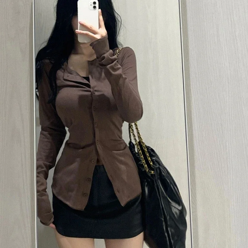 Gidyq Streetwear Women Shirts Korean Fashion Female Slim Fit Long Sleeve Tops Y2K Casual All Match Solid Shirts Autumn New