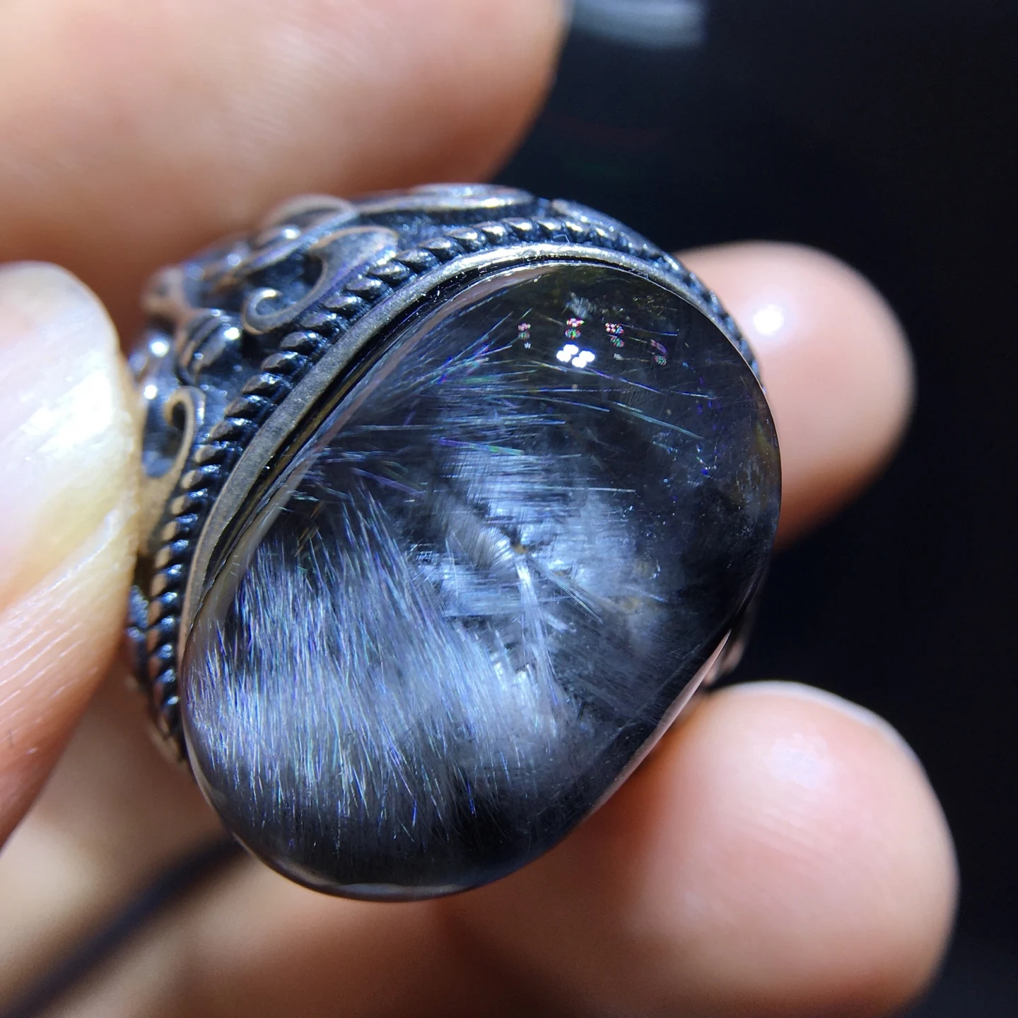 Natural Brookite Platinum Rutilated Quartz Ring 925 Silver Woman Men 20.7/13.8mm Water Drop Lucky AAAAA