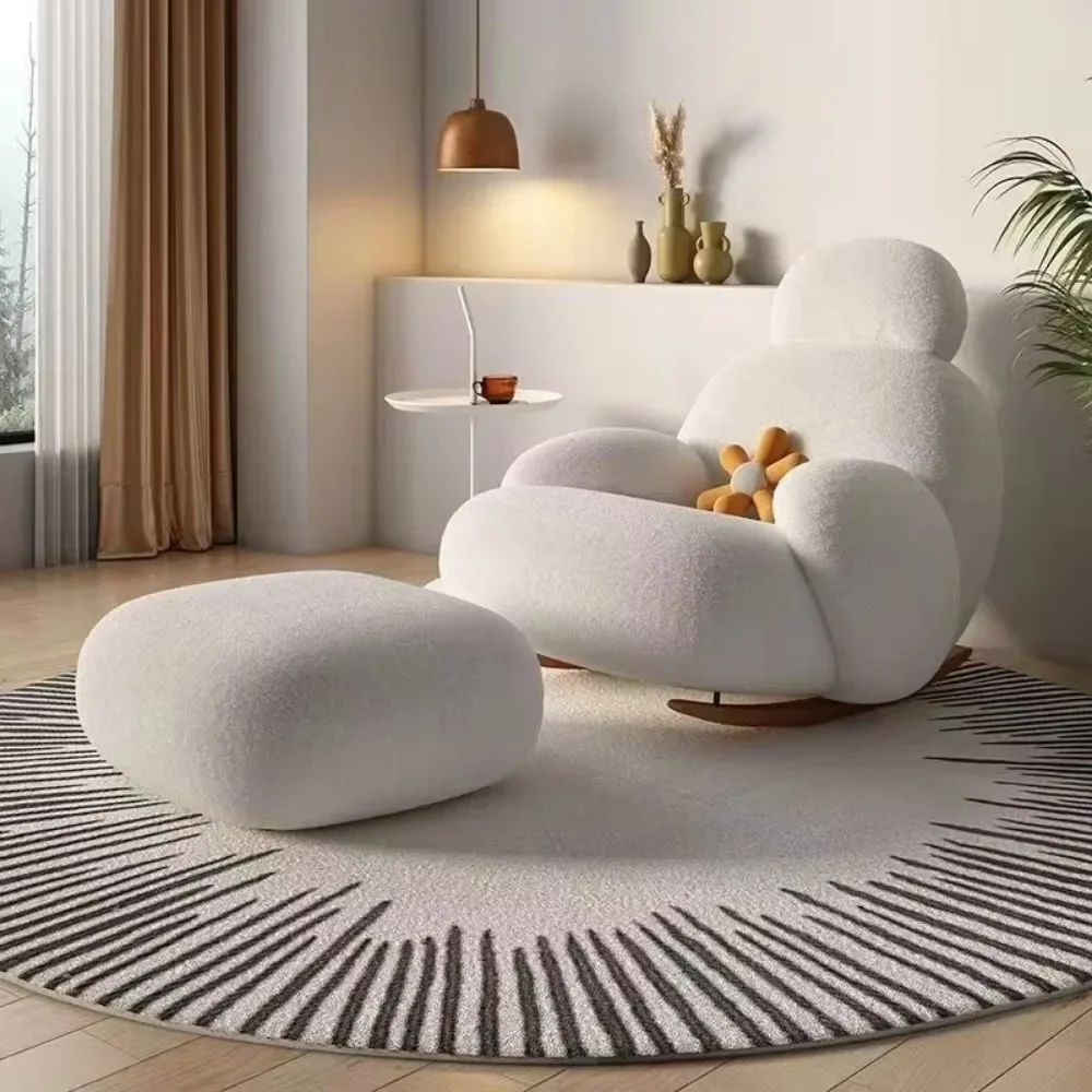 Nordic Modern Apartment Living Room White Fabric Rocking Lazy Chair Plush Upholstered Recliner Sofa Chairs With Stool