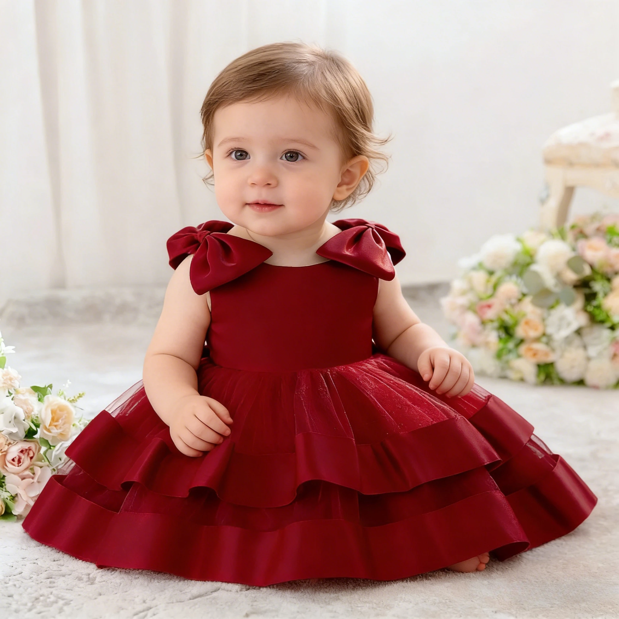 

New Infant Dress Princess Dress Baby Girls Red Baptism Costume 1st Baby Bow Beaded Fluffy Dress Childrens Shower Dress ASQ03